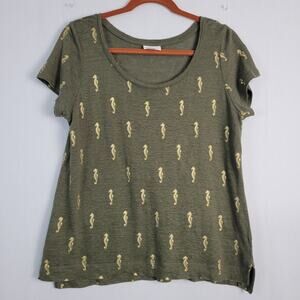 J.Jill Love Linen short sleeve t-shirt sz S green gold novelty seahorse coastal